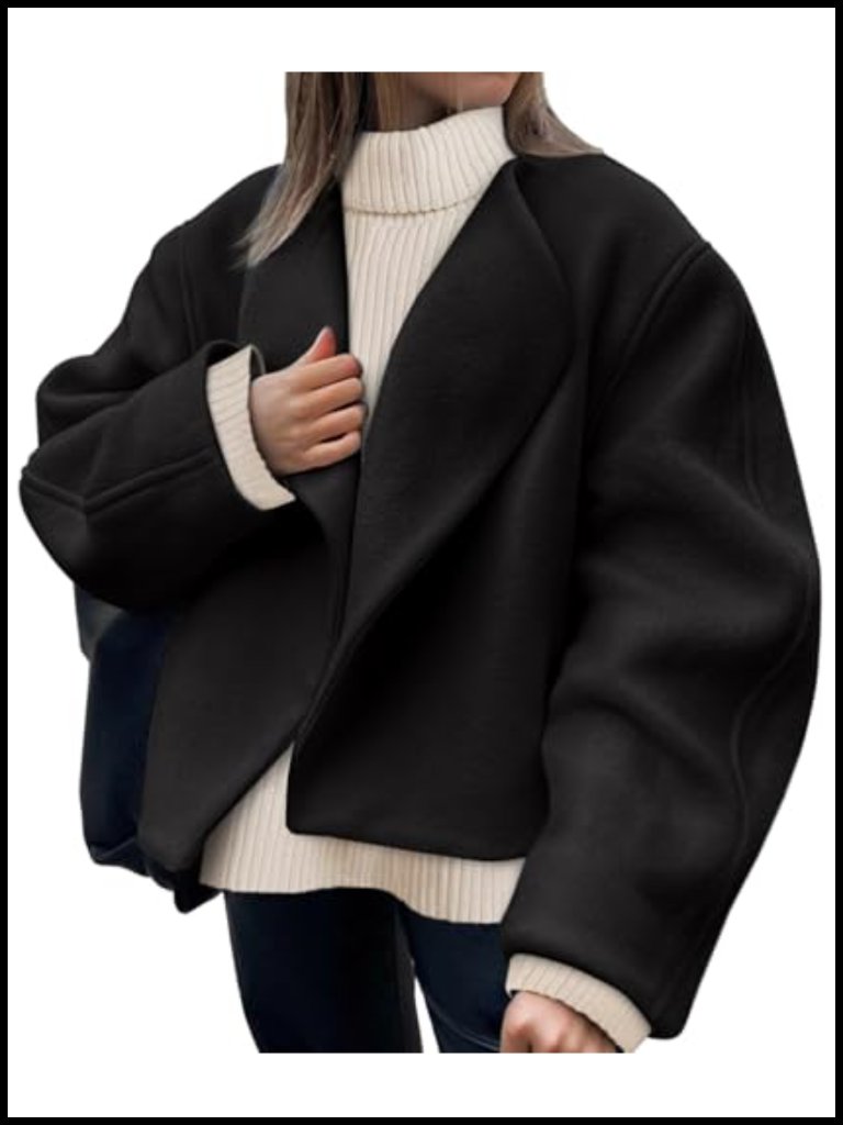 Oversized Cropped Pea Coat Notch Lapel Open Front Short Winter Outerwear